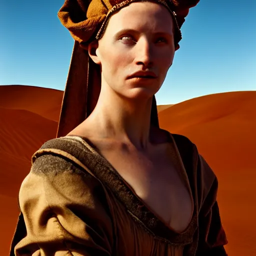 Prompt: photographic portrait of a stunningly beautiful middle ages renaissance female in strong sunlight in the atacama desert, contemporary fashion shoot, by edward robert hughes, annie leibovitz and steve mccurry, david lazar, jimmy nelsson, breathtaking, 8 k resolution, extremely detailed, beautiful, establishing shot, artistic, hyperrealistic, beautiful face, octane render