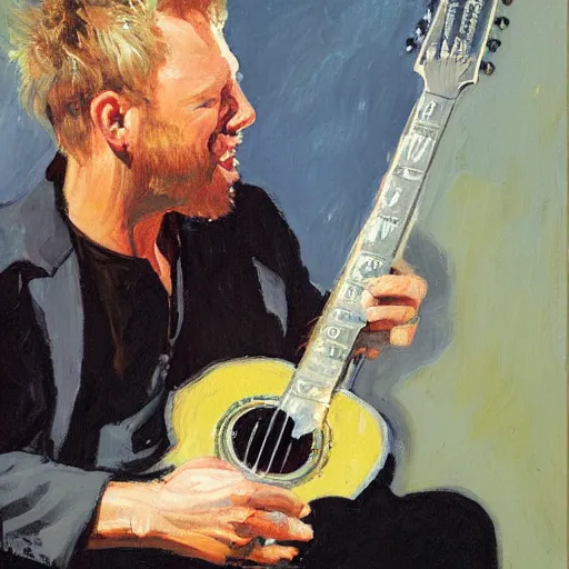 Prompt: a portrait of james hetfield playing guitar, by gregory manchess and stanley lau