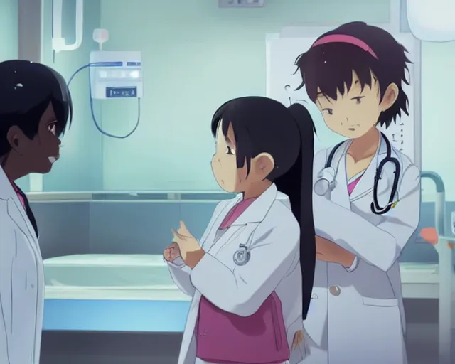 Image similar to a cute young female doctor wearing white coat are talking to a little girl in a hospital, slice of life anime, lighting, anime scenery by Makoto shinkai