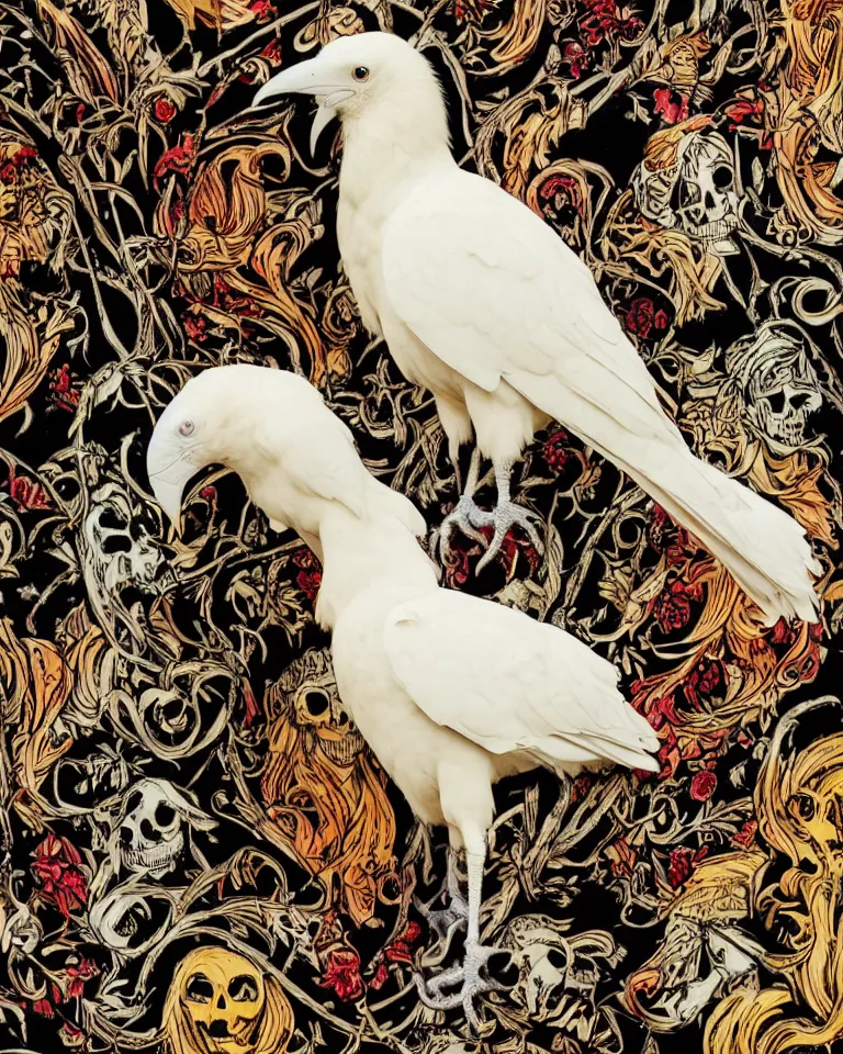 Image similar to photographic masterpiece of an albino raven standing on a colourful ornate skull on a black velvet table cloth, art nouveau wallpaper in background