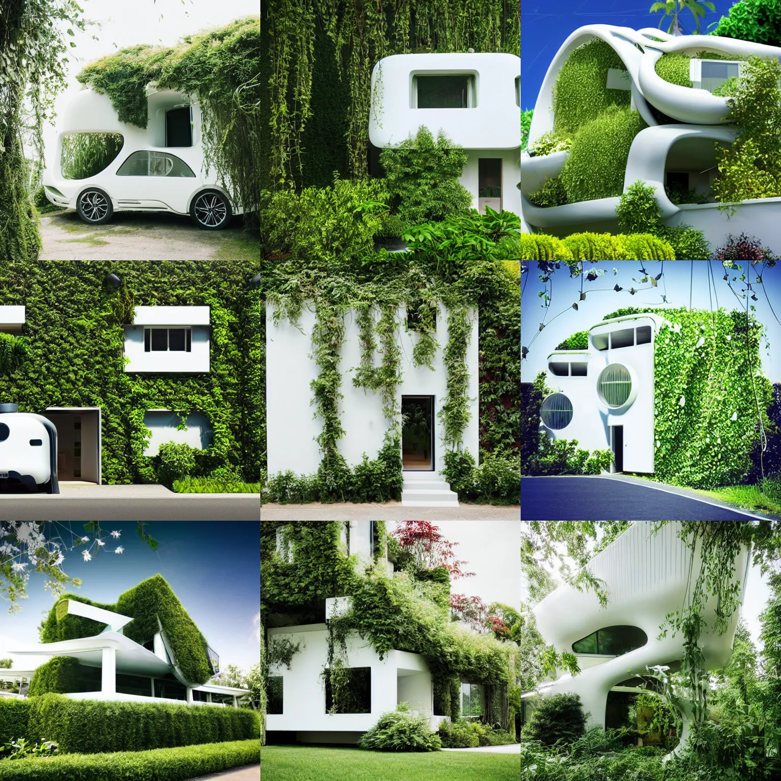 Image similar to futuristic house white covered in plants, hanging vines, motorcycle