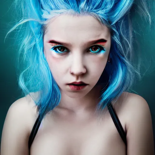 Prompt: portrait of young girl half dragon half human, dragon girl, dragon skin, dragon eyes, dragon crown, blue hair, long hair, highly detailed, cinematic lighting, chiaroscuro lighting, By David Lynch