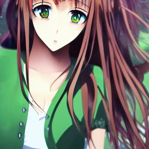 Image similar to key anime visual of a beautiful girl with brown hair and green eyes, trending on Pixiv; detailed