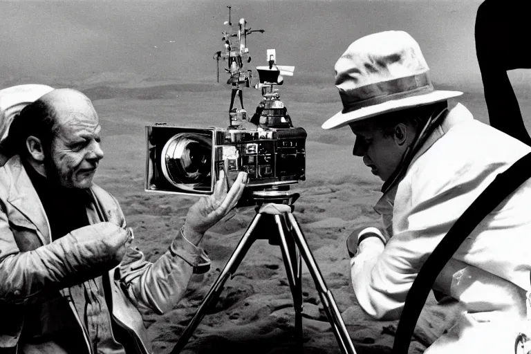 Prompt: Cinematography George Melies directing a shot from the trip to the moon movie. Cinema Camera, camera crew, movie set. Melies. Pathe. by Emmanuel Lubezky