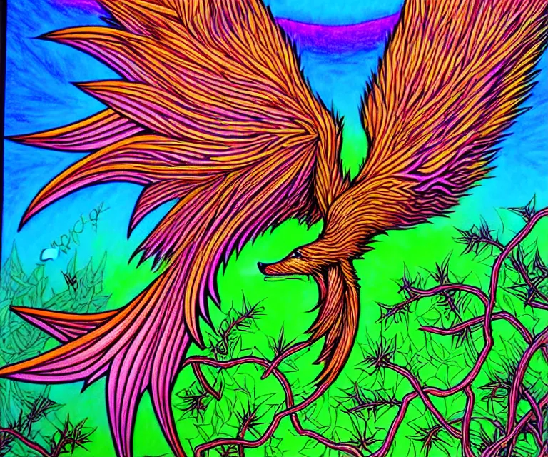 Prompt: An absurdly-detailed Winged-Fox suspended in thorny vines, colored-pen drawing. a vibrant fantasy painting in neon geometric inks, by Ron Spencer and Carl Critchlow and Thomas Cole