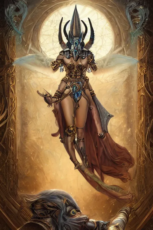 Image similar to Mystical Valkyrie, Portrait of a beautiful female Atlantean Alien Anubis Warrior, Realistic, Regal, Refined, Detailed Digital Art, François Boucher, Oil Painting, Michael Cheval, Esao Andrews, Steampunk, Walt Disney (1937), Highly Detailed, Cinematic Lighting, Unreal Engine, 8k, HD