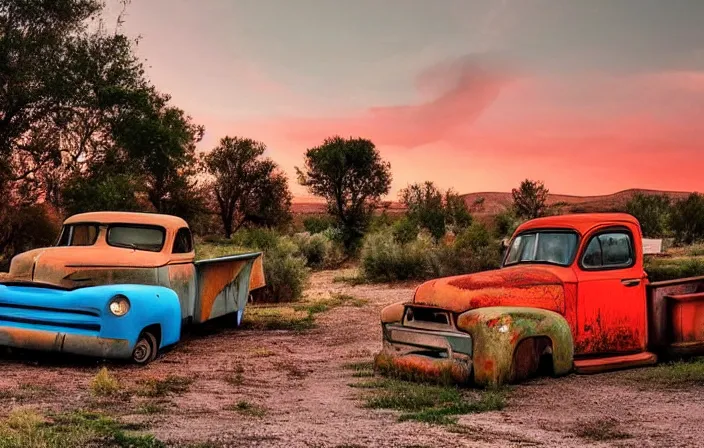 Image similar to A beautiful colorful evening scene of route66, old road with abandoned gas station and rusty old pickup truck, hyper realistic, blinding backlight evening sun, sparkling sun rays, epic scene, intense setting, evening vibe