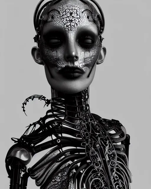 Image similar to black and white dreamy foggy smoky profile face portrait, one silver steampunk realistic eye biomechanical beautiful young female cyclope - cyborg - robot bust, body ribs meshes,, volumetric light, hibiscus flowers, by hg giger, rim light, by dora maar and cecile beaton, big gothic fashion pearl embroidered collar, 8 k