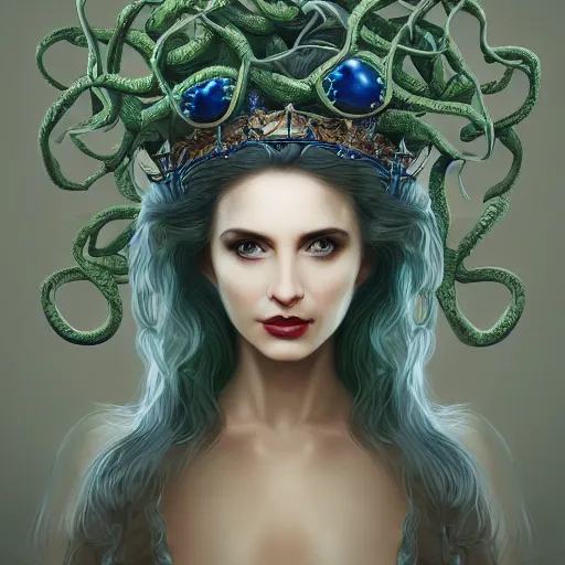 Image similar to detailed portrait of the queen of snakes, realism, pale blue, emerald, sapphire, wearing a crown of vines, nest of vipers, moonlit, dark fantasy, dramatic lighting, cgsociety, artstation