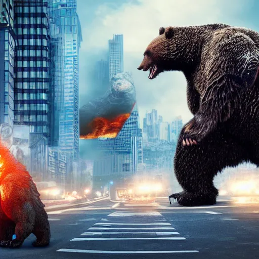 Image similar to a giant angry bear fighting with giant godzilla in the city, photomanipulation, photoshop, digital art, movie poster that says bear vs. godzilla