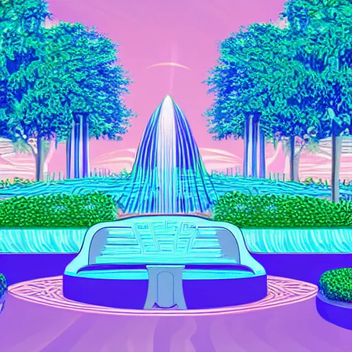 Image similar to art deco vaporwave illustration of a park with trees, benches, and a water feature, in a futuristic pastel city