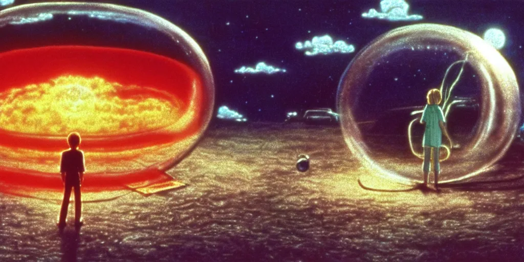 Prompt: hyperrealist studio ghibli dull colors pov shot from close encounters of the third kind 1 9 7 7 of a warped scientist rocketing through a snake bubble.