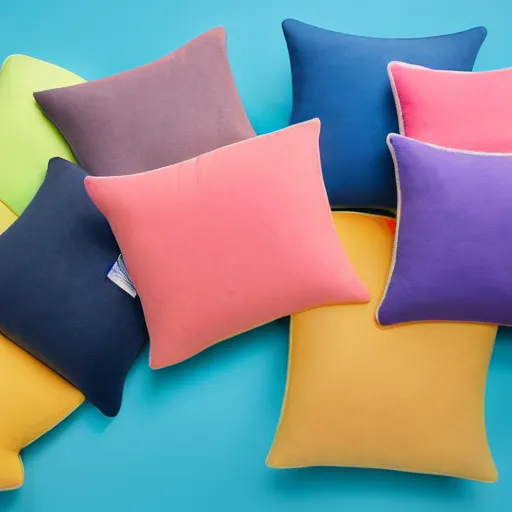 Image similar to Photograph of comfortable memory foam pillows designed by children, fun design, bright print, 8K HD, product shot