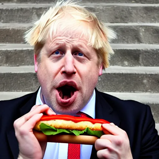 Image similar to boris johnson eating a hotdog mouth wide open