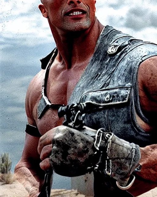 Image similar to film still close up shot of dwayne johnson in the movie mad max 2 the road warrior. photographic, photography