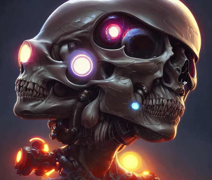 Image similar to Cyborg skull front view, sci-fi, highly detailed, digital painting, artstation, concept art, smooth, sharp focus, illustration, art by artgerm and greg rutkowski and alphonse mucha