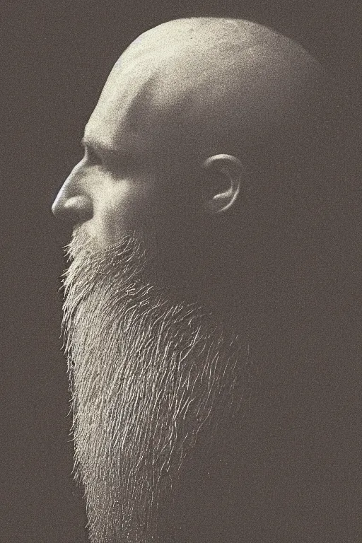 Image similar to a man's face in profile, long beard, made of exotic plumage, in the style of the Dutch masters and Gregory crewdson, dark and moody