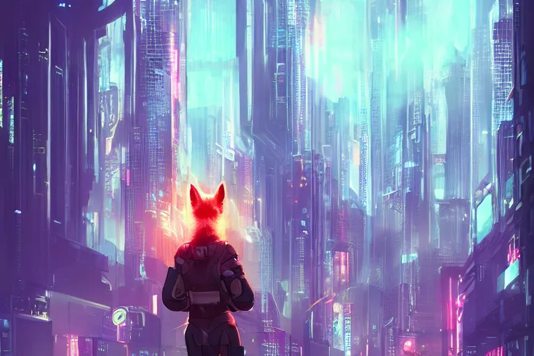 Image similar to a transhuman fox in a cyberpunk city, trending on artstation, by kawacy, neon backlighting