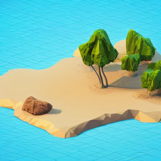 Prompt: isometric very low - poly render of a sandy beach, concept art