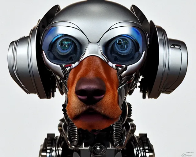 Image similar to portrait of terminator dachshund robot, mechanical, machine, octane render, concept art, sharp focus, hyper - realistic, intricate, detailed, eduard pronin, luka mivsek, ruan jia