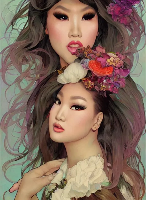 Image similar to kim chi, drag queen, painting by artgerm and greg rutkowski and alphonse mucha