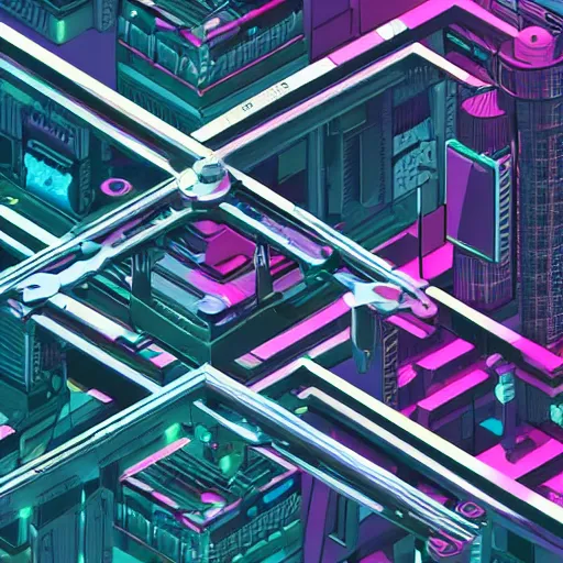 Image similar to isometric view of a mechanical glitch art city, scifi futuristic,