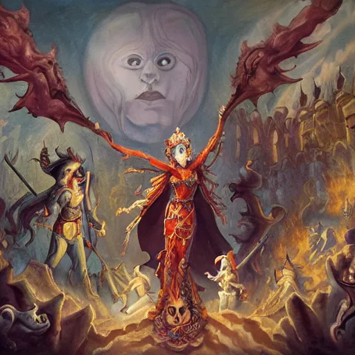 Prompt: a ghost queen triumphs over a legion of demons, a painting of an ancient kingdom under the rule of a ghost queen