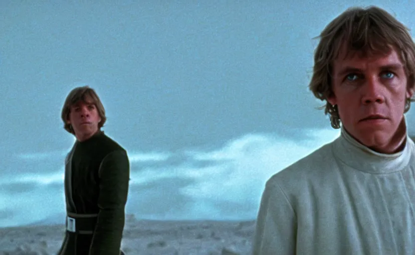 Image similar to screenshot portrait shot of Luke Skywalker on a lightning planet, moody jagged dark landscape, from the 1970s sci fi thriller by Stanely Kubrick , no people, no man, lost world, sharp focus, color kodak stock, ektochrome, anamorphic lenses, detailed faces, moody cinematography