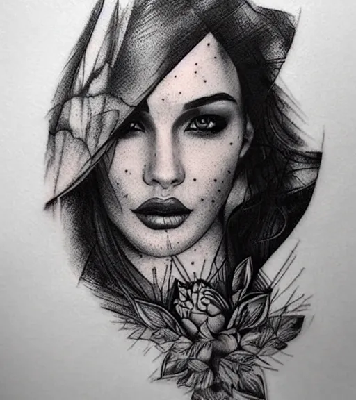 Image similar to creative blend effect of beautiful mountain scenery with a beautiful woman face, tattoo design sketch, hyper - realistic, in the style of matteo pasqualin, amazing detail, black and white