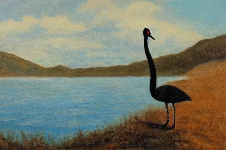 Image similar to oil painting, long view, black swan in the middle of the lake, neodada