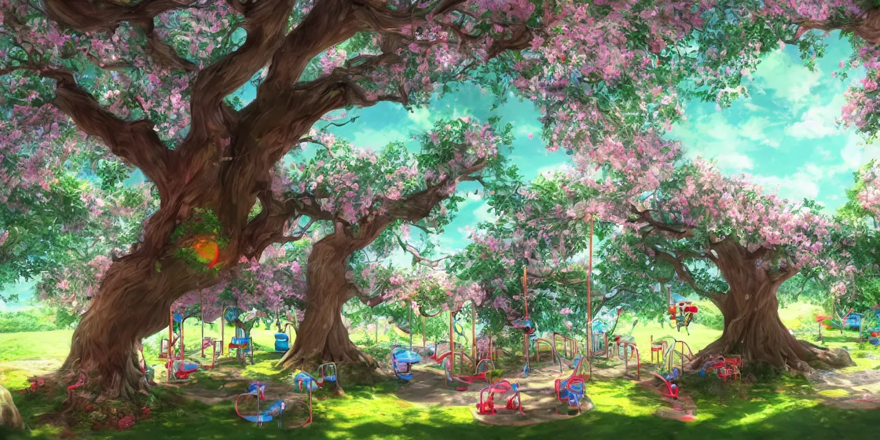 Prompt: 8 k ， an illustration of a children's playground under a big tree ， spring atmosphere ， by ashno alice and raja nanadepu ， trend on artgerm ， featured on artstation