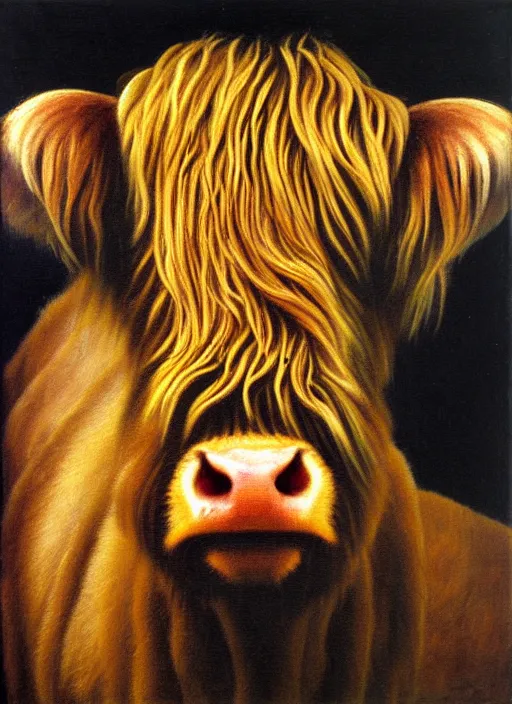 Image similar to oil portrait painting by hans holbein the elder of a highland cow.