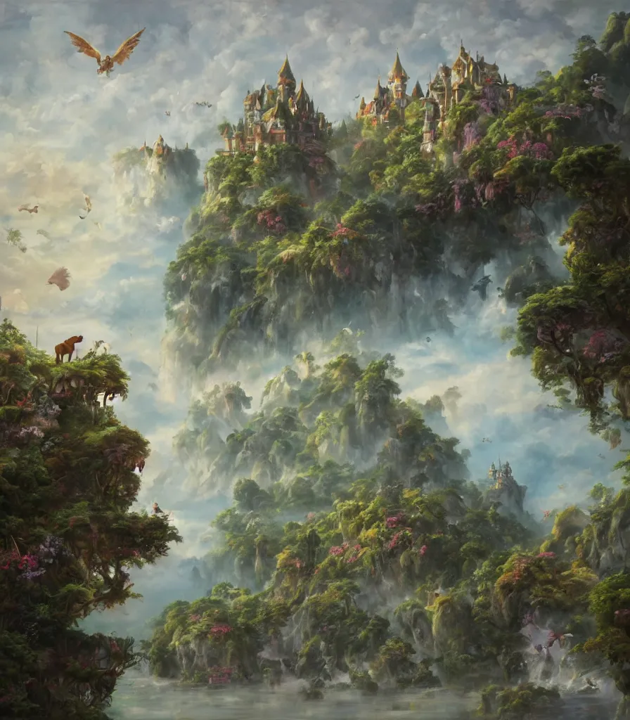 Image similar to a Breathtakingly enchanted landscape with floating Tropical islands, dogs with wings, and a mythical overgrown castle in the background, that are slightly obscured by magical mist in the style of Ken Hong Leung, artstudio, impasto oil painting, high fidelity, fine-grained, charcoal line art