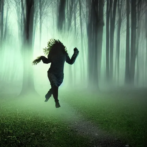 Prompt: a scary award winning photo of a woman spirit running in the night in a forest, volumetric light effect