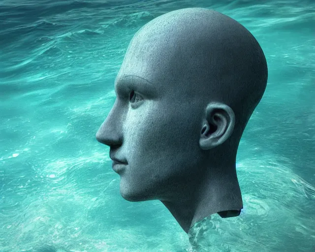 Image similar to a giant sculpture on the surface of the ocean of a human head, hyper - realistic, very detailed, realistic water, ray tracing, 8 k resolution, long - shot, sharp focus, low angle, 8 5 mm photograph, wide lens