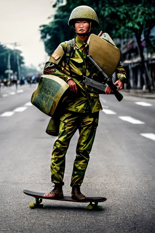 Image similar to vietnam soldier with skateboard, photography, pulitzer style, hyperrealistic, vogue magazine photo style, dynamic composition, intricate, comfort posse, smooth, sharp focus, captured by nikon d 8 5 0, 4 k, full body. by daniel berehulak