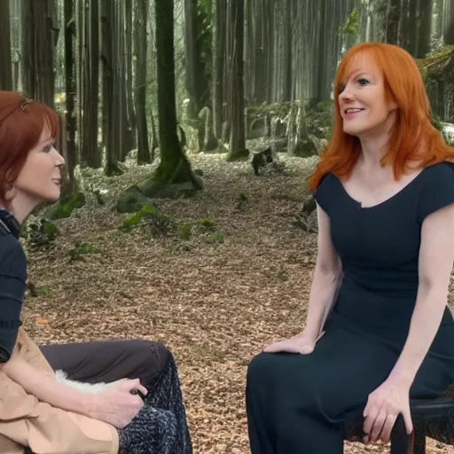 Image similar to stunning live footage of news anchorwoman liz claman reporting from lothlorien interviewing arwen, lord of the rings movie, by daniella zalcman, directed by peter jackson, highly detailed, canon eos r 3, f / 1. 4, iso 2 0 0, 1 / 1 6 0 s, 8 k, raw, symmetrical balance