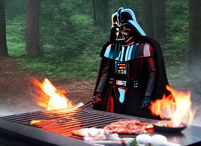 Image similar to film still of Darth Vader cooking on an outdoor grill in the new Star Wars movie, 4k