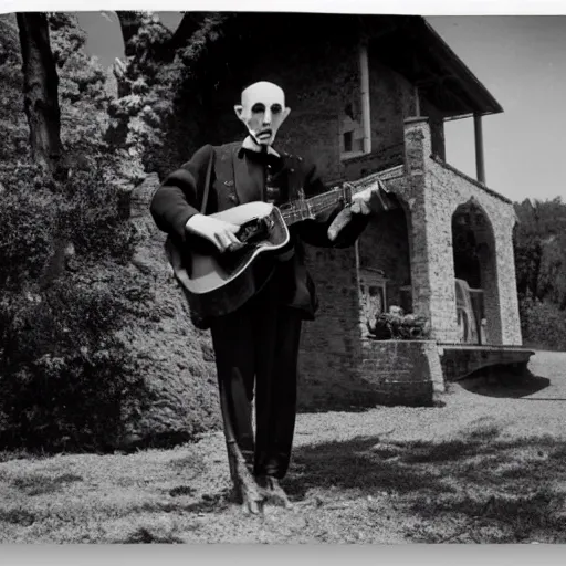 Image similar to vintage photograph of count orlok outside his castle, playing the blues on guitar, castle in the background, 4 k