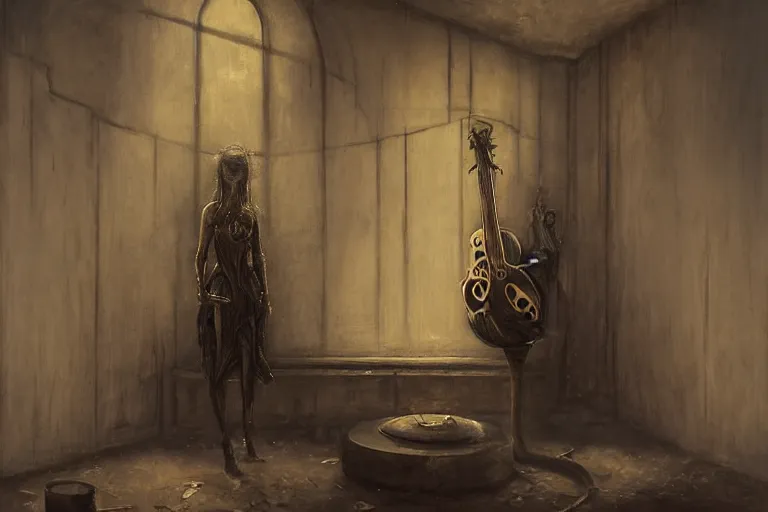 Image similar to still life painting, musical instument alone - a lute with smoke wisping up from its smoldering string, cursed baroque with ebony inlay, designed by brian froud and hr giger leans against the wall alone, abandoned. an empty brutalist chamber, lonely, somberlate afternoon lighting cinematic fantasy painting by jessica rossier