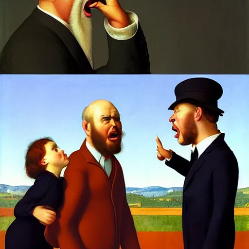 Prompt: a very funny looking father yelling at his children by Raphael, Hopper, and Rene Magritte. detailed, romantic, enchanting, trending on artstation.