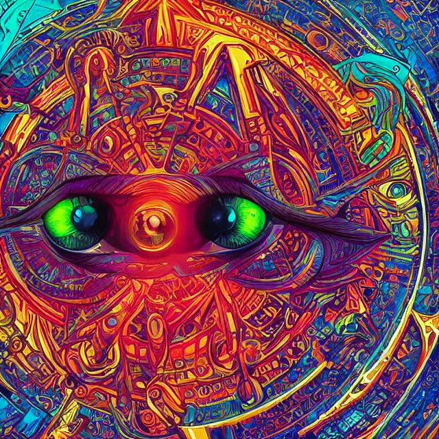 Image similar to hypnotizing and hallucinating eye, eye of horus, centered eye, symmetry, illuminati eye, colorful, sharp and focus, ultra detailed, beautifully lit, in the art style of dan mumford and marc simonetti