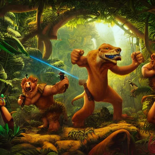 Prompt: laser fight in the jungle, oil painting by justin gerard