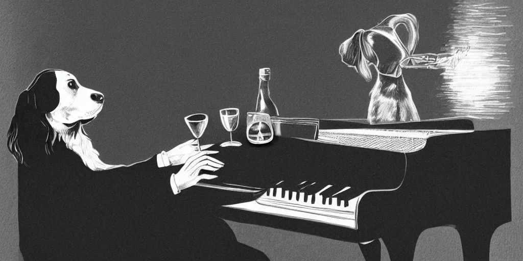 Prompt: sprocker Spaniel playing piano with a Martini on the side, illustration, b&w