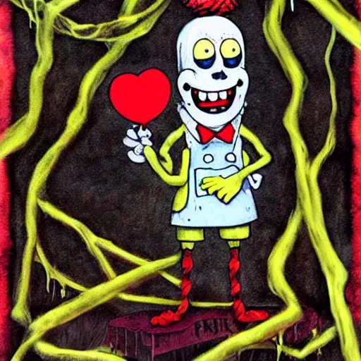 Image similar to grunge painting of spongebob with a wide smile and a red balloon by chris leib, loony toons style, pennywise style, corpse bride style, horror theme, detailed, elegant, intricate