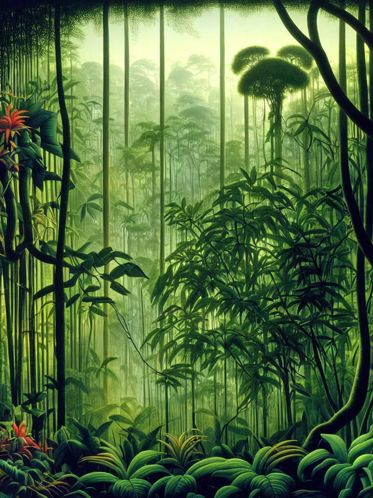 Prompt: A photorealistic painting of the lush interior of a Malaysian jungle, forest canopy covers the morning sunlight, dense exotic tropical flora and fauna gives a foreboding atmosphere where time seems to stand still, creeping vines hangs like bloody entrails, tree roots like severed human limbs as imagined by Martin Johnson Heade, Hiroshi Sugimoto, Henri Rousseau, medium close up shot, wide angle lens, anaglyph filter, cinematic mood lighting, National Geographic photograph, British Pathe archive, cinematography of Apocalypse Now (1977), trending on Art Station.