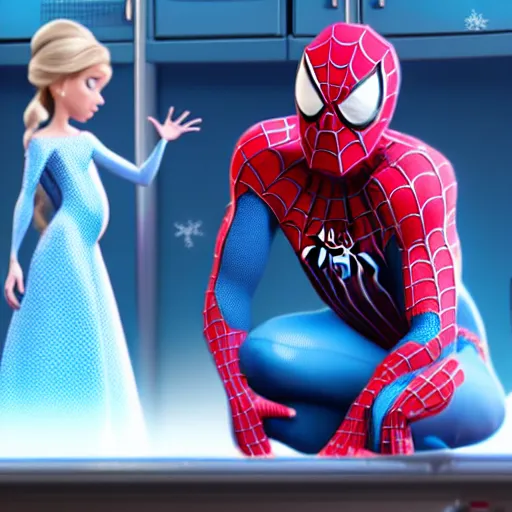 Image similar to spiderman and pregnant princess elsa talking in the kitchen, into the spiderverse cinematic render, ( 2 0 1 8 ) sony animation official media, clear details, award winning, blue gown, third trimester