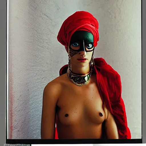 Prompt: A Moroccan cyborg, portrait, 35mm film, Taschen, by Annie Liebovitz, Noriaki Yokosuka, Tadanori Yokoo