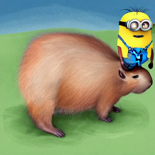 Image similar to a minion riding a capybara, digital art