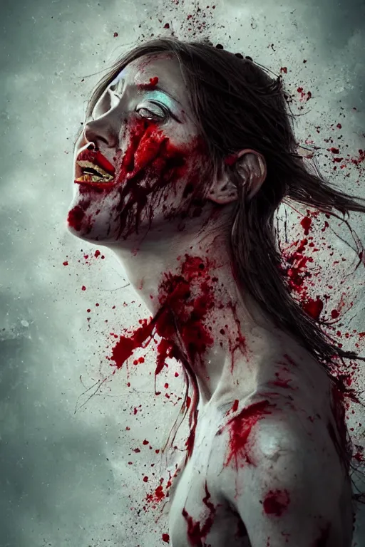 Prompt: photorealistic portrait of a viking girl roaring with blood splattered on her by ayami kojima and ewelina kowalczyk and alessio albi, trending on artstation